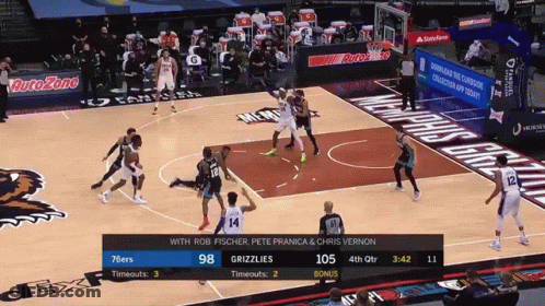 A Basketball Game Between The Grizzlies And 76Ers Is Being Played GIF