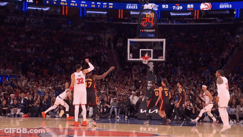 A Basketball Game Between The Knicks And The Hawks Is Going On GIF