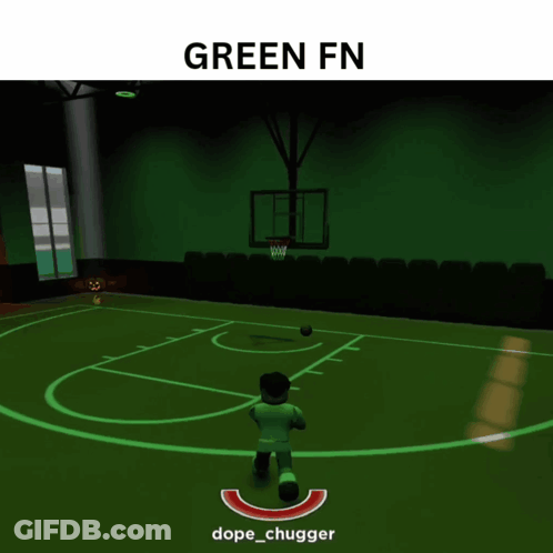 A Basketball Game Is Being Played In A Dark Room With The Words Green Fn Above It GIF