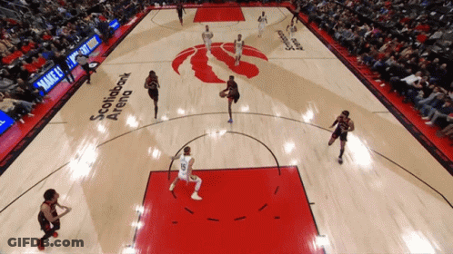 A Basketball Game Is Being Played In A Stadium That Is Sponsored By Scotiabank Arena GIF