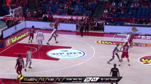 A Basketball Game Is Being Played In A Stadium With Ads For Winner GIF