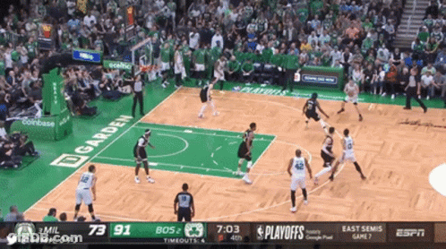 A Basketball Game Is Being Played In Front Of A Crowd And The Score Is 73 91 GIF