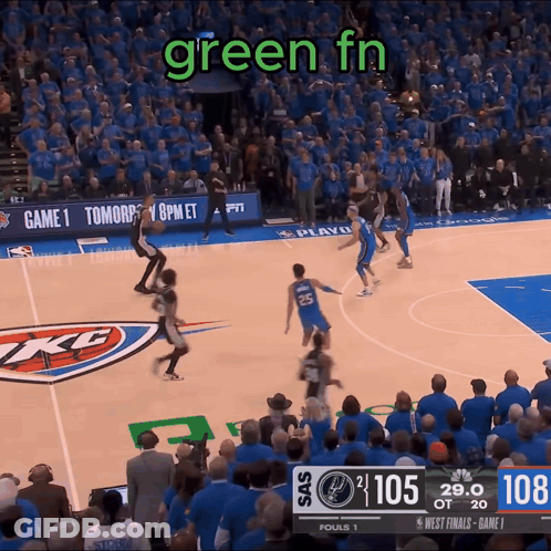 A Basketball Game Is Being Played In Front Of A Crowd And The Scoreboard Says 108 GIF