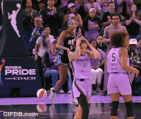 A Basketball Game Is Being Played In Front Of A Wnba Pride Sign GIF