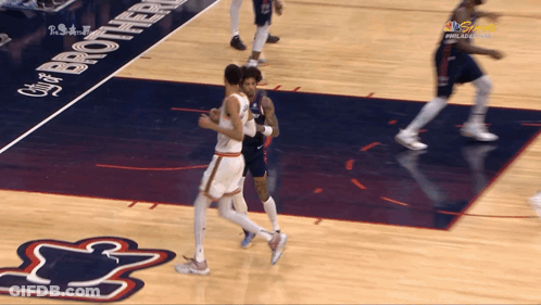 A Basketball Game Is Being Played On A Court That Says City Of Brotherly GIF
