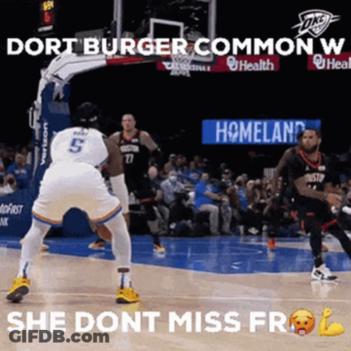 A Basketball Game Is Being Played On A Court With A Caption That Says `` Dort Burger Common W She Dont Miss From '' GIF