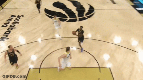 A Basketball Game Is Being Played On A Court With A Logo For Scotiabank Arena GIF