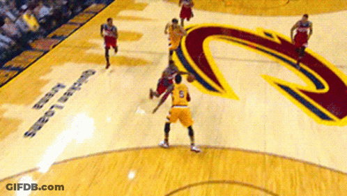 A Basketball Game Is Being Played On A Court With The Cleveland Cavaliers Logo On The Floor GIF
