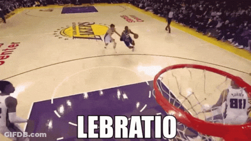 A Basketball Game Is Being Played On A Court With The Word Lebratio On It GIF