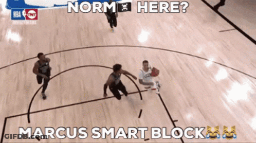 A Basketball Game Is Being Played On A Court With The Words Norm Here And Marcus Smart Block GIF