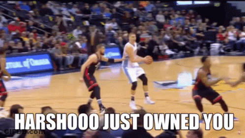 A Basketball Game Is Being Played With The Words " Harshooo Just Owned You " In The Corner GIF