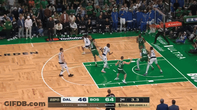 A Basketball Game Is Underway And The Scoreboard Shows That The Boston Celtics Are Leading The Dallas Lakers 46 To 64 GIF