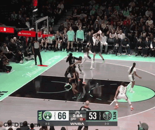 A Basketball Game Is Underway And The Scoreboard Shows The Score At 53 To 66 GIF