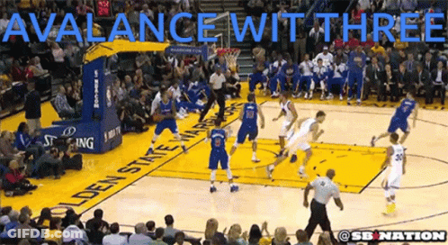 A Basketball Game With The Words Avalance Wit Three GIF