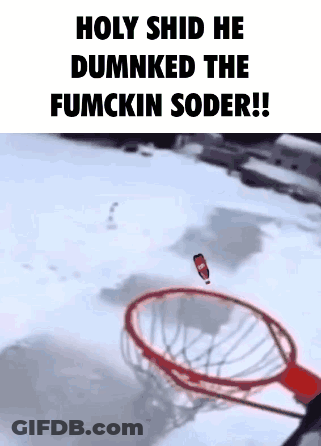 A Basketball Hoop Is In The Snow And A Bottle Of Soda Is Flying Through It . GIF