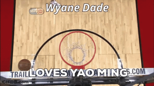 A Basketball Is Going Through A Hoop With The Words Wyane Dade Trail Loves Yao Ming.com Below It GIF