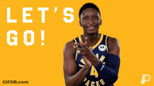A Basketball Player For The Indiana Pacers Is Standing In Front Of A Yellow Background That Says Let 'S Go GIF