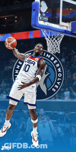 A Basketball Player For The Minnesota Timberwolves Is Jumping For The Ball GIF