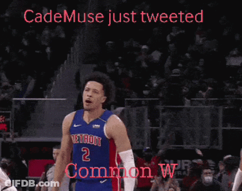 A Basketball Player In A Detroit Jersey Celebrates With His Fist In The Air GIF