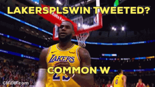 A Basketball Player In A Lakers Jersey Stands In Front Of A Basketball Hoop GIF