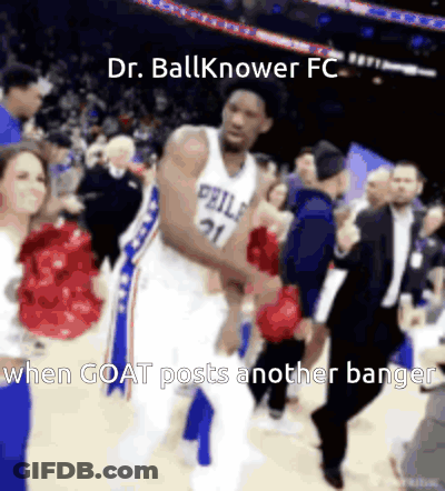 A Basketball Player In A Philadelphia Uniform Is Dancing With Cheerleaders GIF