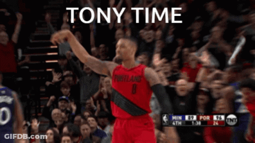 A Basketball Player In A Portland Jersey Celebrates A Win GIF