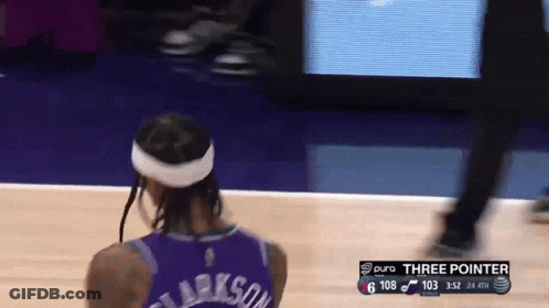 A Basketball Player In A Purple Jersey With Clarkson Written On The Back GIF