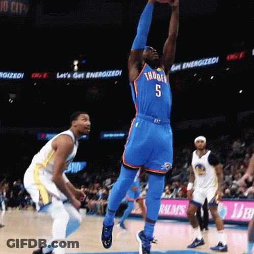 A Basketball Player In A Thunder Jersey Jumps In The Air GIF