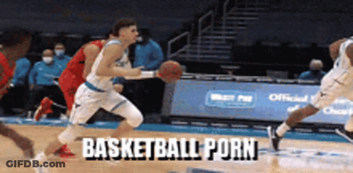 A Basketball Player Is Dribbling A Basketball On A Court With The Words Basketball Porn Written Below Him GIF
