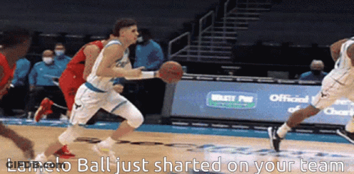 A Basketball Player Is Dribbling The Ball On A Court With The Caption Lamelo Ball Just Started On Your Team GIF