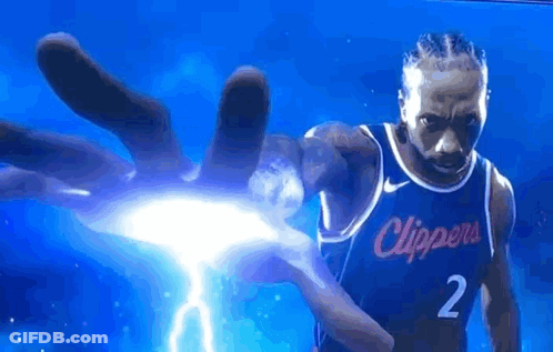A Basketball Player Is Holding A Lightning Bolt In His Hand While Wearing A Clippers Jersey . GIF