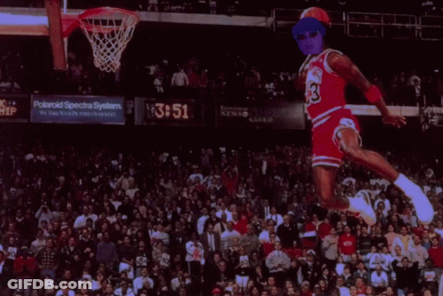 A Basketball Player Is Jumping In The Air With A Lightning Bolt Behind Him GIF