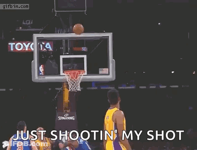 A Basketball Player Is Jumping In The Air With His Arms Outstretched And The Words `` Just Shootin ' My Shot '' Written GIF