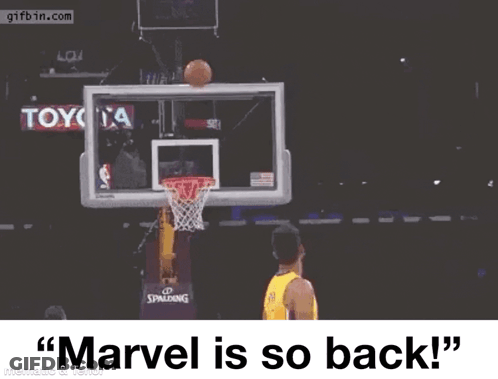 A Basketball Player Is Jumping In The Air With His Arms Outstretched And The Words `` Marvel Is So Back '' . GIF