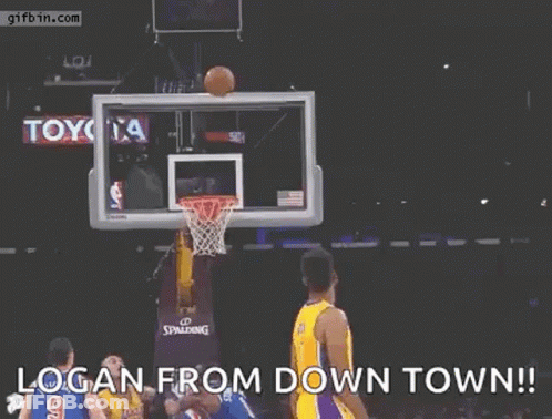 A Basketball Player Is Jumping In The Air With His Arms Outstretched While Holding A Basketball In Front Of A Net . GIF