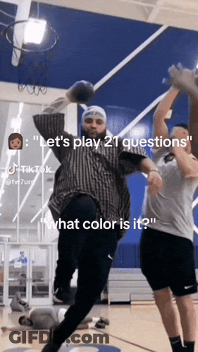 A Basketball Player Is Jumping In The Air With The Caption " Let 'S Play 21 Questions What Color Is It " GIF