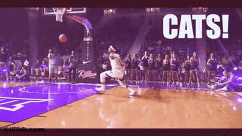 A Basketball Player Is Jumping In The Air With The Words Cats Behind Him GIF