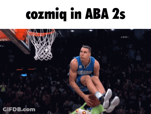 A Basketball Player Is Jumping In The Air With The Words Cozmiq In Aba 2S Below Him GIF