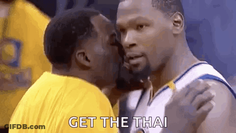 A Basketball Player Is Kissing Another Player On The Cheek While Another Player Says `` Get The Thai '' . GIF