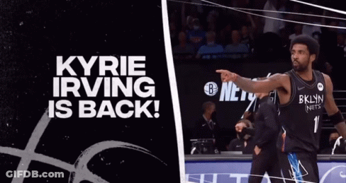 A Basketball Player Is Pointing At The Camera With The Words Kyrie Irving Is Back GIF