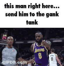 A Basketball Player Is Shaking Hands With A Referee During A Game . GIF