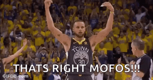 A Basketball Player Is Standing In Front Of A Crowd With His Arms In The Air And The Words `` Thats Right Mofos '' . GIF