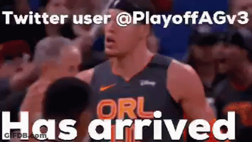 A Basketball Player Is Standing In Front Of A Crowd With The Words Twitter User @Playoffagv3 Has Arrived . GIF