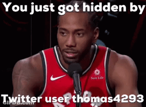 A Basketball Player Is Talking Into A Microphone And Says `` You Just Got Hidden By Twitter User Thomas4293 '' GIF