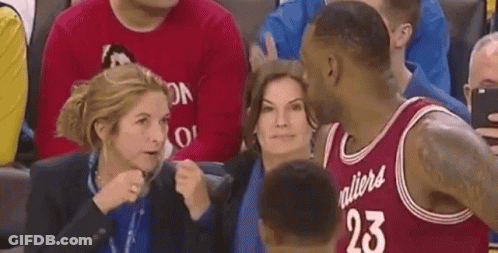 A Basketball Player Is Talking To A Woman In The Stands At A Basketball Game . GIF