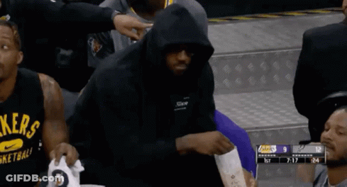 A Basketball Player Wearing A Black Hoodie With The Word Lakers On The Front GIF