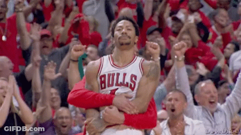 A Basketball Player Wearing A Bulls Jersey Is Being Held By A Fan GIF
