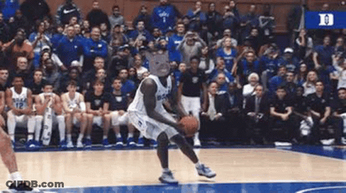A Basketball Player Wearing A Cat Mask Is Dribbling The Ball On A Court . GIF