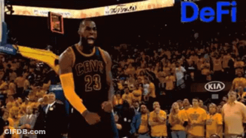 A Basketball Player Wearing A Cavs Jersey Is Celebrating GIF