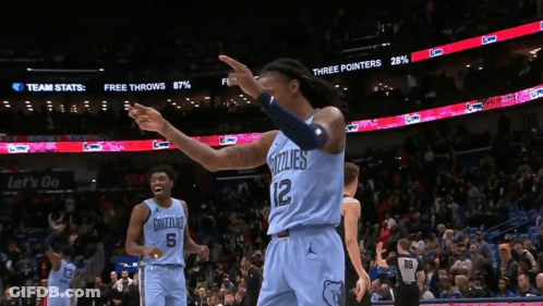 A Basketball Player Wearing A Grizzlies Jersey Points To The Crowd GIF